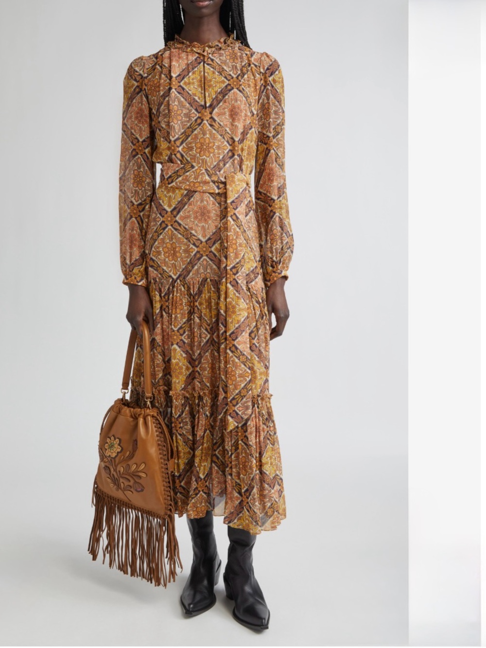 Etro long sleeve silk crepe floral midi dress Bohemian Floral Geometric Silk 40